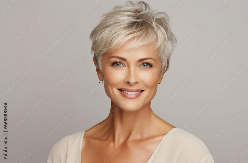 Fototapeta premium Graceful Senior Woman with Blonde Hair: Studio Portrait. Generative ai