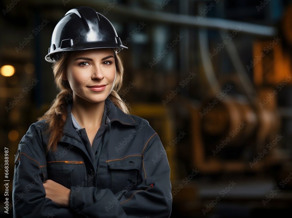 Confident Female Industrial Worker Against a Vast Plant Backdrop. Generative ai
