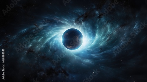 Planet in space. Blue star formed in an eclipse. Abstract galaxy. Colorful space galaxy cloud nebula. Stary night cosmos. Universe science astronomy. Supernova background wallpaper.