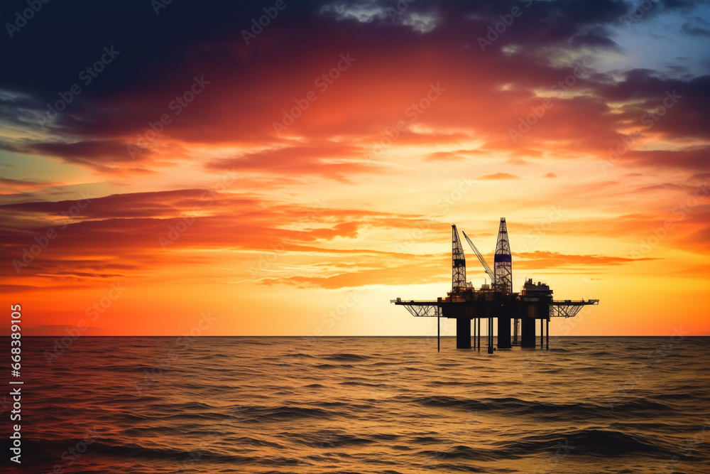 Offshore oil and gas. Oil rig in sea on sunset, Crude Oil production. Offshore drilling of extracting petroleum and natural gas from seabed. Offshore crude Mobile platform in ocean. Ai Generative