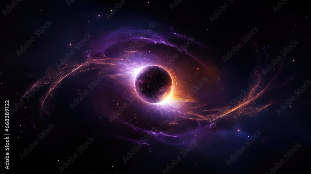 Planet in space. Purple star formed in an eclipse. Abstract galaxy. Colorful space galaxy cloud nebula. Stary night cosmos. Universe science astronomy. Supernova background wallpaper.