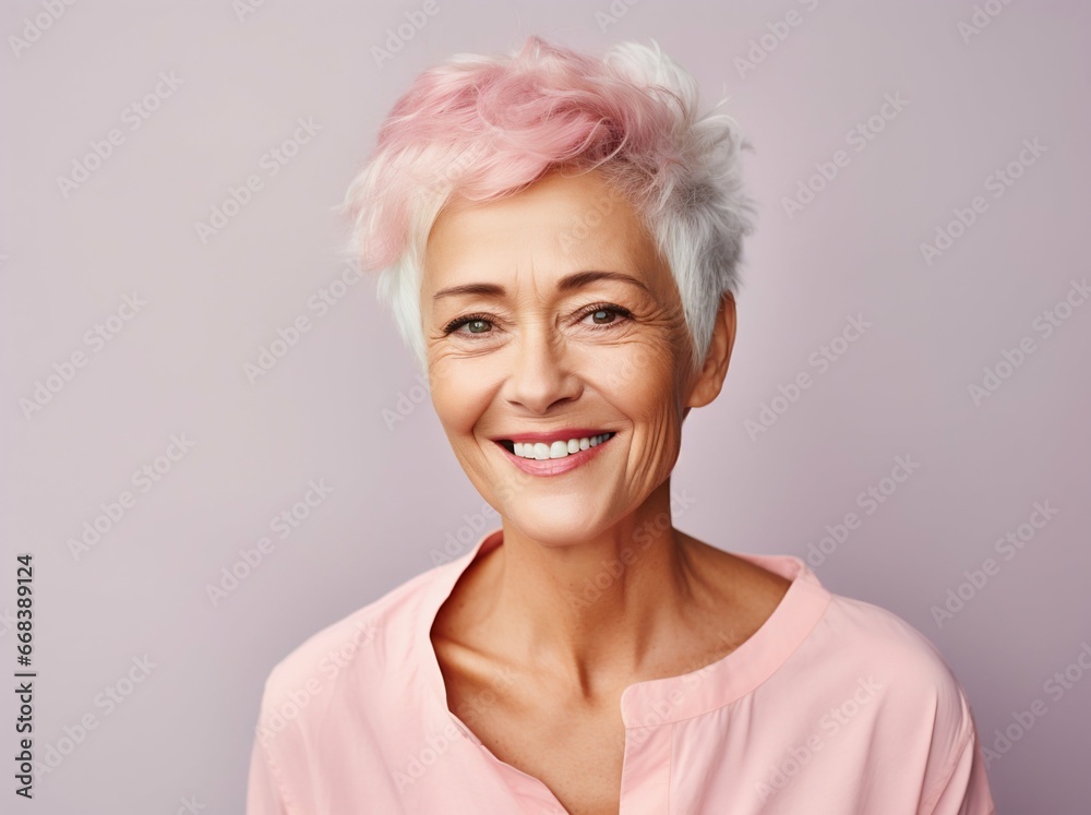 Glowing Senior Woman with Vibrant Hair on Light Studio Backdrop. Generative ai Glowing Senior Woman with Vibrant Hair on Light Studio Backdrop. Generative ai