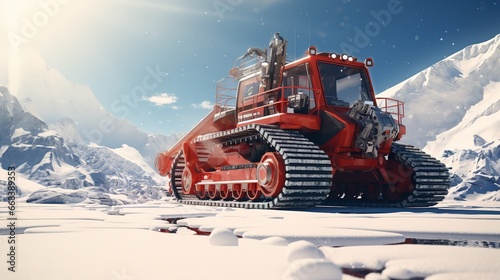 A snow groomer at a ski resort against the backdrop of snowy mountains. Ai generative