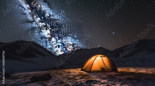  the starry sky above the tent in the mountains. Magic event in frosty day. In anticipation of the holiday. Dramatic scenes. 