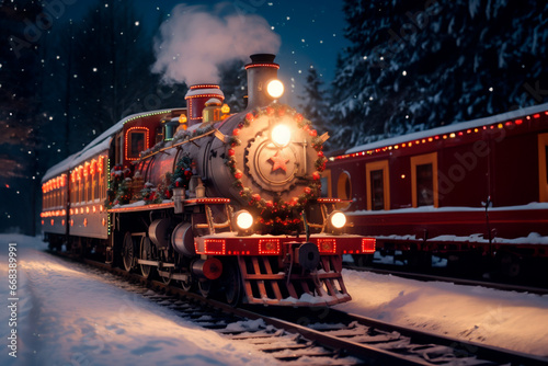 vintage festive Christmas train travels through a night snowy landscape among forests and mountains.