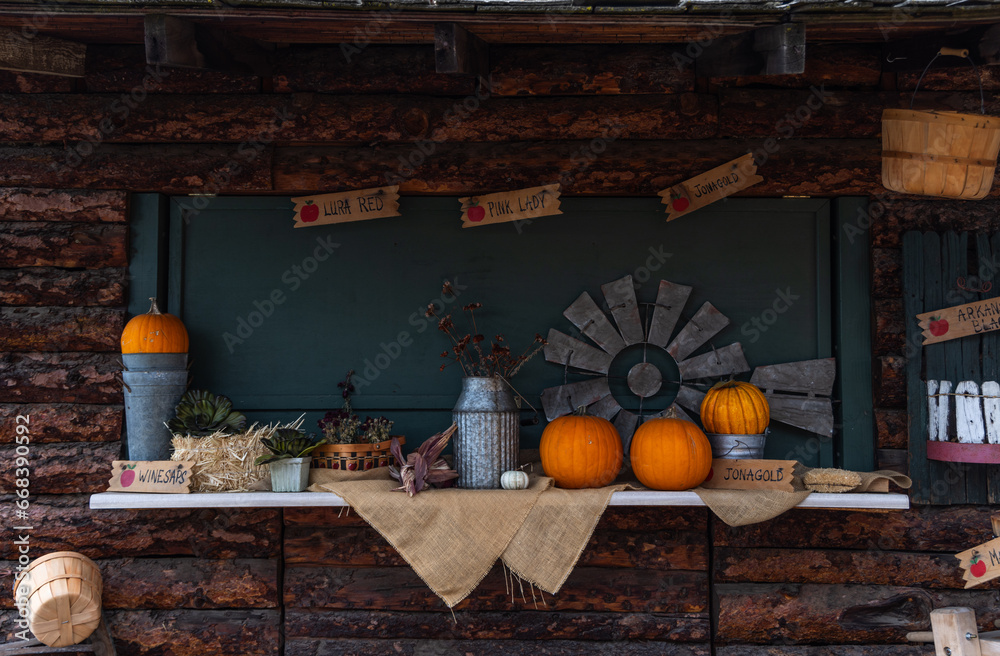 Autumn Shelf Decorations, apple signs, pumpkins, leaves, hay, barrels Autumn Shelf Decorations, apple signs, pumpkins, leaves, hay, barrels