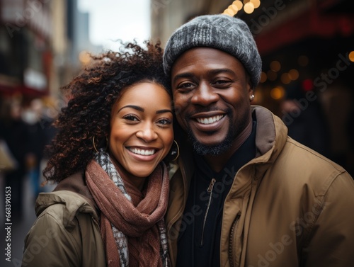 A joyful couple poses in the city, with the woman's curly hair cascading around her smiling face. The man, wearing a grey knit cap and a beige jacket, shares an affectionate look with her. © DigitalArt