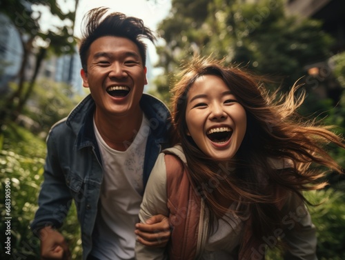 A cheerful young couple, with the man in a denim jacket and the woman with flowing hair, laughing joyfully as they run outdoors, surrounded by nature, their laughter infectious.