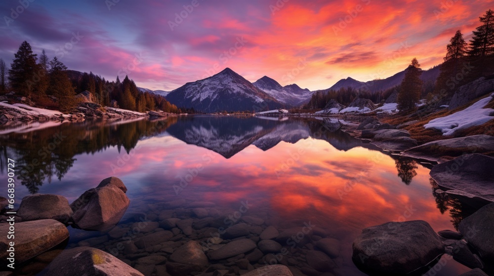 a vibrant sunset over a secluded alpine lake, where the sky is painted in hues of orange and purple, mirrored in the calm waters