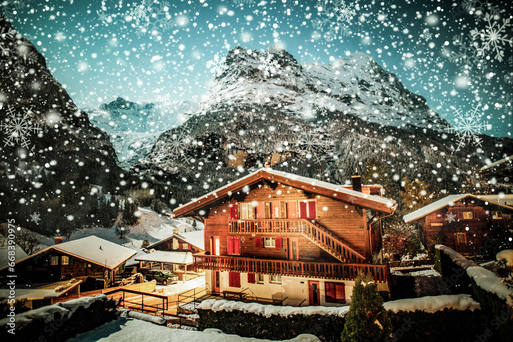 winter night Grindelwald snowy mountain, stars and wooden house - obrazy, fototapety, plakaty 