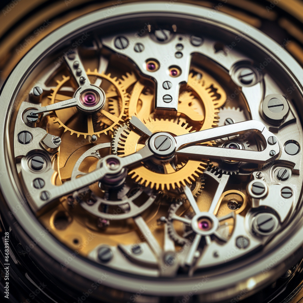 Fotografuia de primer plano de detalle de engranajes de oro y plata de reloj 