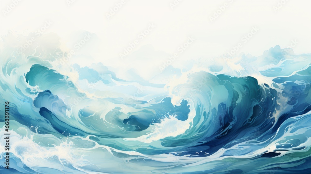 Vibrant Ocean Water Wave in Blue, Teal, Turquoise, and Yellow Nature Illustration. Perfect for Cartoon Pool Party Wave or Ocean Beach Travel Theme. Engaging Web Banner with Graphic Copy Space