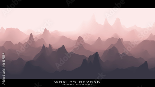 Abstract reddish landscape with misty fog till horizon over mountain slopes. Gradient eroded terrain surface. Worlds beyond.