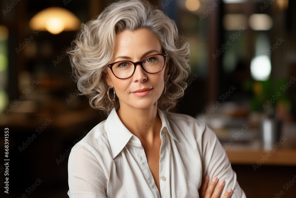 A poised woman with wavy silver hair, wearing glasses and a white blouse, stands in a warmly lit room with a serene expression. A poised woman with wavy silver hair, wearing glasses and a white blouse, stands in a warmly lit room with a serene expression.