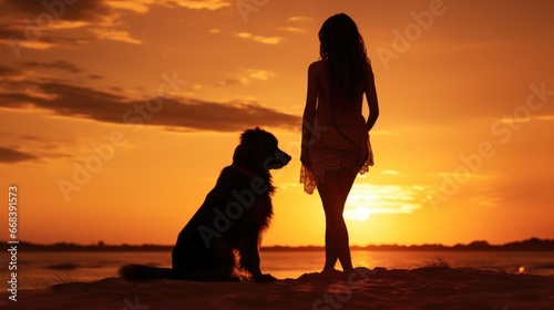 A woman standing next to a dog on a beach © Maria Starus