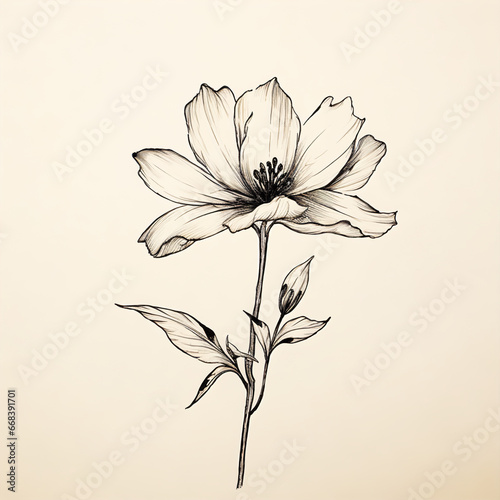 Traditional Chinese-Inspired Cartoon Ink Drawing of a Flower