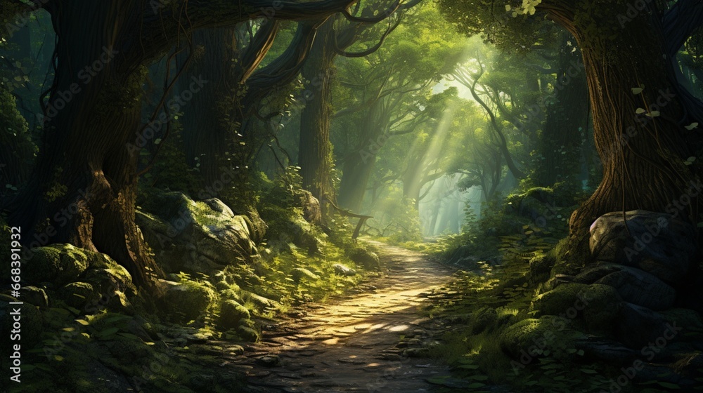 A winding forest path with dappled sunlight breaking through the dense canopy.