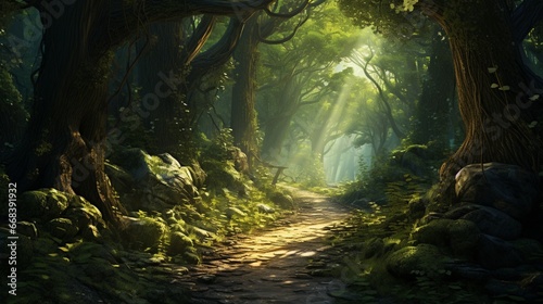 A winding forest path with dappled sunlight breaking through the dense canopy.