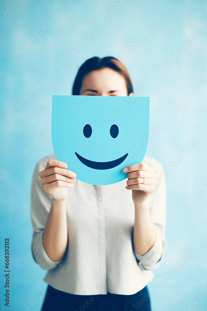 Woman holding blue paper cut happy smile face, positive thinking, mental health assessment , world mental health day concept. High quality photo Woman holding blue paper cut happy smile face, positive thinking, mental health assessment , world mental health day concept. High quality photo