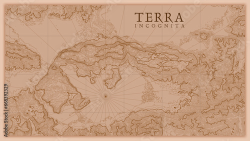 Ancient abstract earth relief old map. Generated conceptual vector elevation map of fantasy landscape.