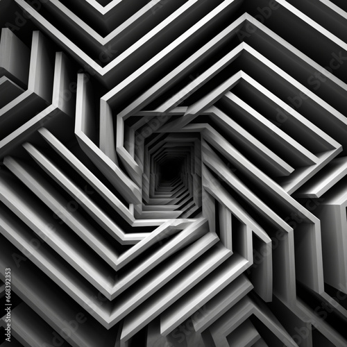 Fondo abstracto con detalle y textura de formas poligonales rectas y trama de espiral, con tonos grises y negros