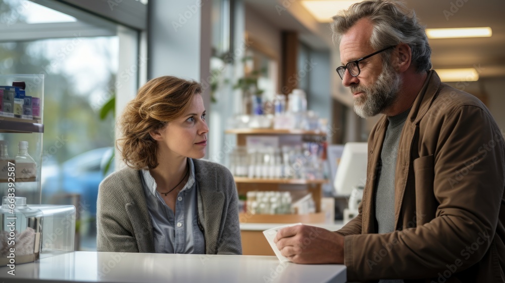 A middle-aged man with glasses converses intently with a younger woman in a store setting, surrounded by various products on display shelves. A middle-aged man with glasses converses intently with a younger woman in a store setting, surrounded by various products on display shelves.