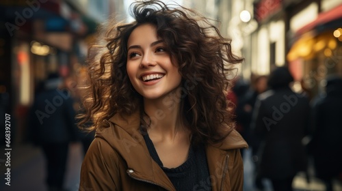 A radiant young woman with voluminous curly hair smiles brightly as she walks through a bustling city street, basking in the golden sunlight.