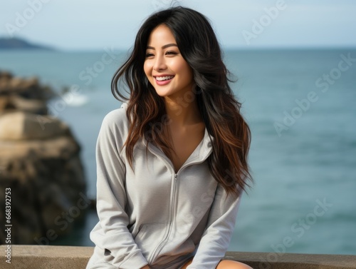 A cheerful woman sits by the seaside after a run, her hair flowing with the breeze, dressed in a light grey hoodie, radiating a sense of calm and contentment. © DigitalArt