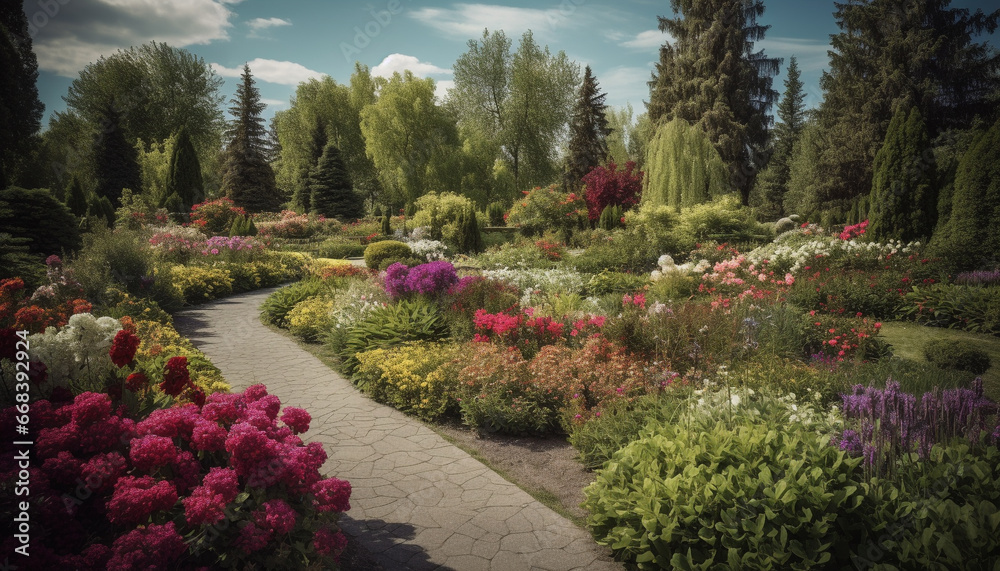 Tranquil scene blossoming tulips decorate the lush green landscape generated by AI Tranquil scene blossoming tulips decorate the lush green landscape generated by AI