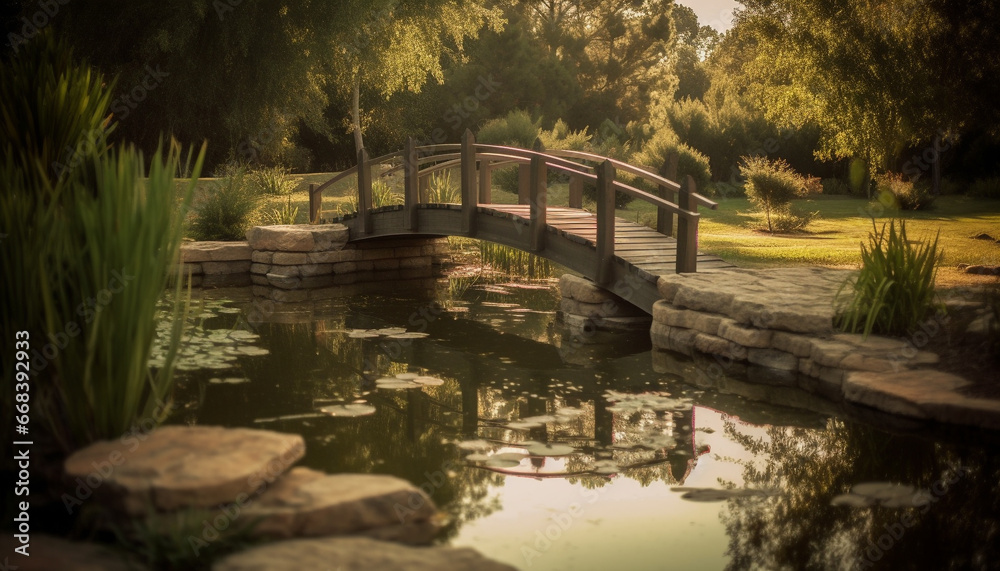Tranquil scene  man made bridge reflects autumn beauty in nature generated by AI