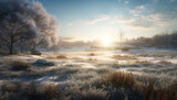 Tranquil winter landscape  frost covered tree in snowy meadow generated by AI