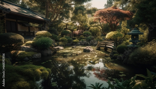 Tranquil pond reflects beauty of nature in Japanese garden generated by AI