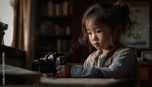 Cute Chinese girl sitting, photographing, smiling, capturing childhood happiness generated by AI