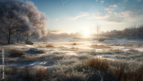 Tranquil winter landscape frost covered tree in snowy meadow generated by AI