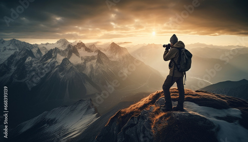 Hiking men capture majestic mountain peak  nature breathtaking silhouette generated by AI