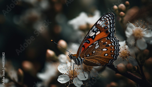 Vibrant butterfly pollinates single flower in tranquil forest scene generated by AI