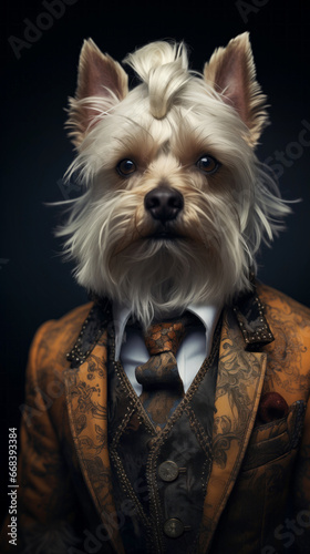 Dog, Yorkshire, dressed in an elegant suit with a nice tie. Fashion portrait of an anthropomorphic animal posing with a charismatic human attitude