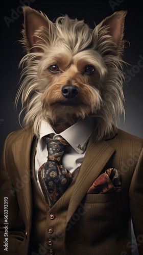 Dog, Yorkshire, dressed in an elegant suit with a nice tie. Fashion portrait of an anthropomorphic animal posing with a charismatic human attitude