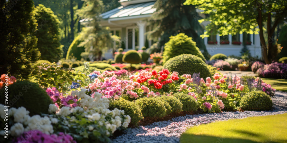 Beautiful home garden in summer, luxury landscape design of house backyard. Panorama of flowers, trimmed bushes and green plants. Concept of upscale landscaping, nature, yard Beautiful home garden in summer, luxury landscape design of house backyard. Panorama of flowers, trimmed bushes and green plants. Concept of upscale landscaping, nature, yard