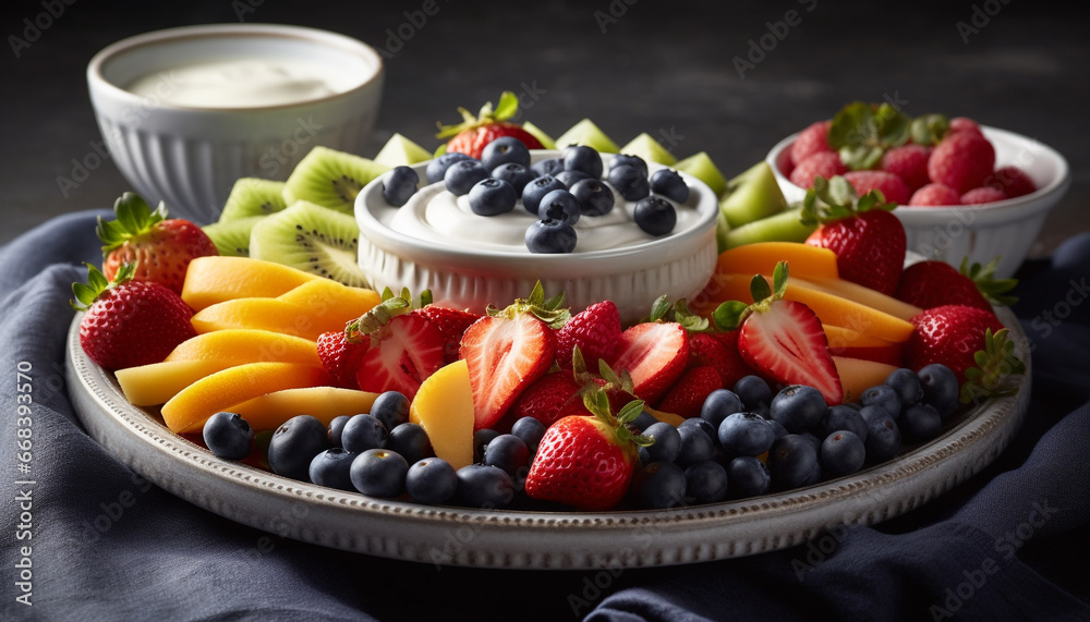 Fresh berry salad with yogurt and mint leaf decoration on wood generated by AI Fresh berry salad with yogurt and mint leaf decoration on wood generated by AI
