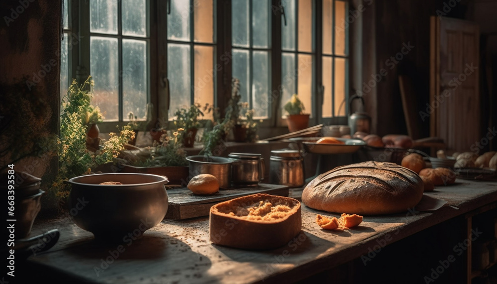 Freshly baked rustic bread on wooden table in farmhouse kitchen generated by AI