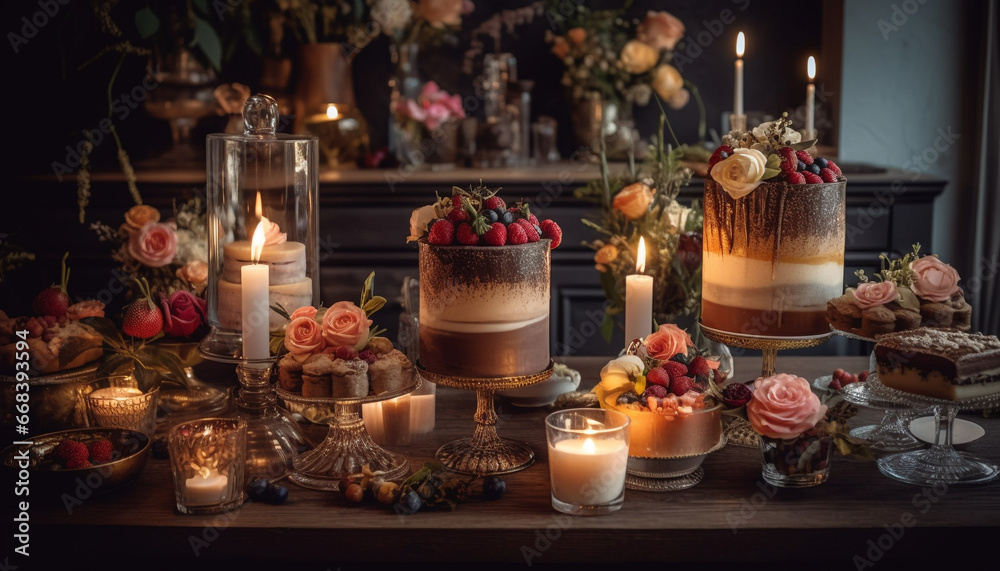 Candlelight illuminates rustic table, ornate decoration, indulgent dessert composition generated by AI