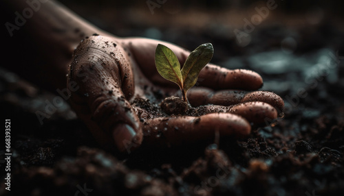 New life begins as human hand holds wet seedling for planting generated by AI
