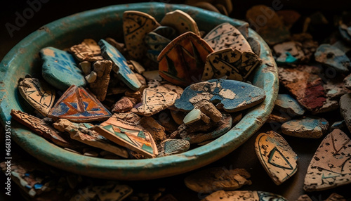 Multi colored pottery bowl collection on dirty metal background generated by AI