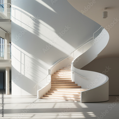 Fotografia con detalle de estancia con escalera de formas sinuosas con tonos blancos y entrada de luz natural