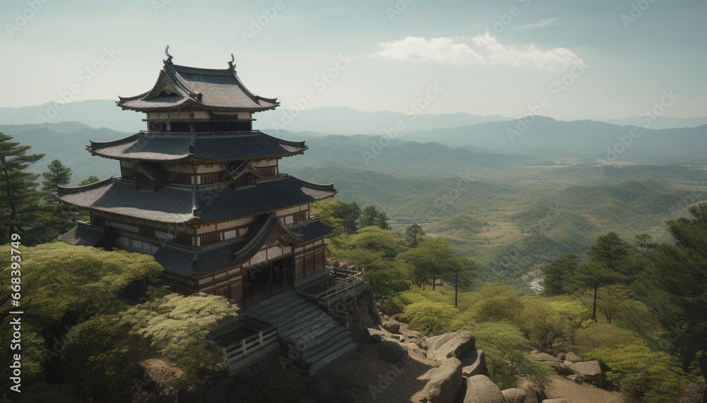Fototapeta premium Ancient pagoda atop mountain, symbolizing Chinese and Japanese cultures generated by AI