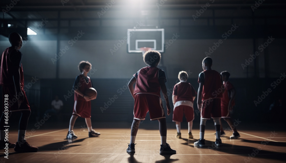 Obraz premium Men playing basketball indoors, teamwork, competitive sport, sports uniform generated by AI