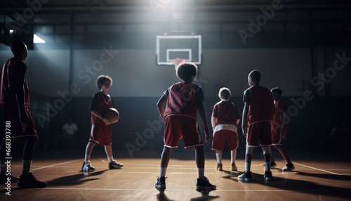 Men playing basketball indoors, teamwork, competitive sport, sports uniform generated by AI