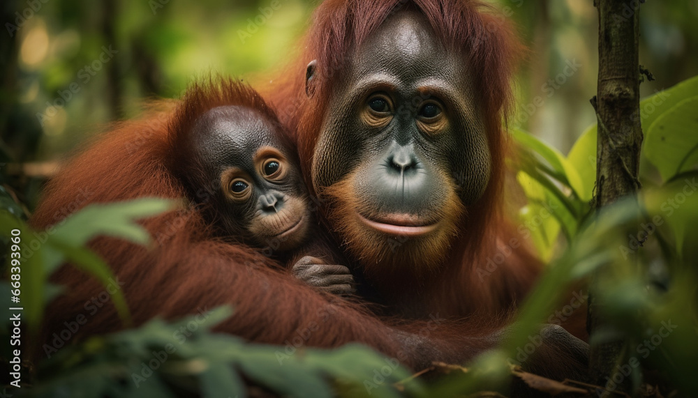 Young primate sitting in tropical rainforest, looking at camera with love generated by AI Young primate sitting in tropical rainforest, looking at camera with love generated by AI