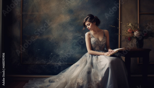 A beautiful woman in an elegant dress, reading sensually generated by AI